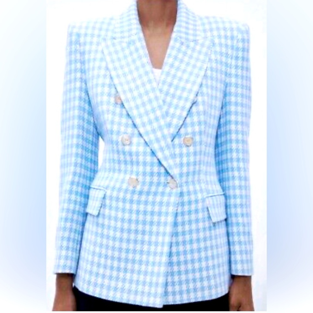 NEW Zara Knit Gingham Blazer Large Blue White Professional Business Office